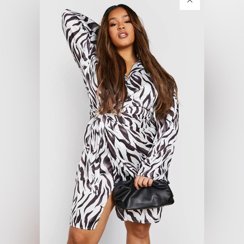 Boohoo Plus Zebra Satin Wrap Dress
